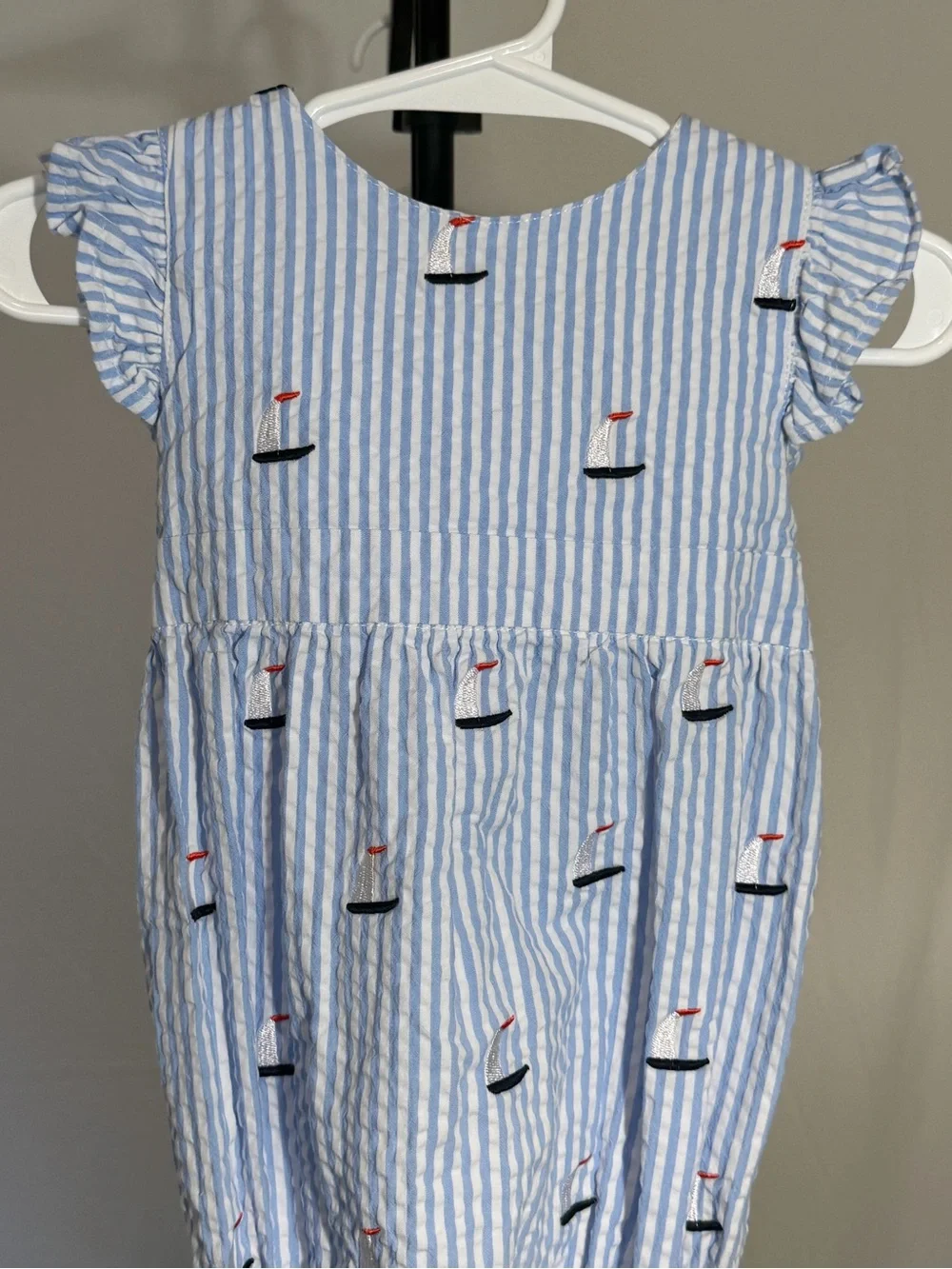 Classic Prep Children’s Wear Sailboat Seersucker Bubble Romper 12-18M